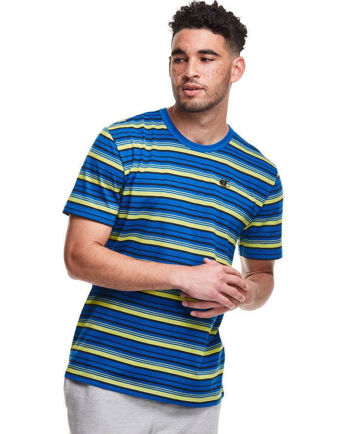 Champion T-Shirt Heren - Blauw / - Yarn-Dye Stripe C Logo ( 758361-GKA )